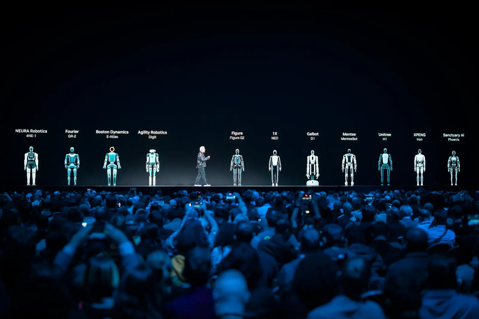 Conference presentation with a row of humanoid robot illustrations
